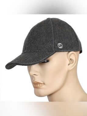 Gucci Dark Grey Wool Baseball Cap with Embroidered Interlocking GG embroidey L